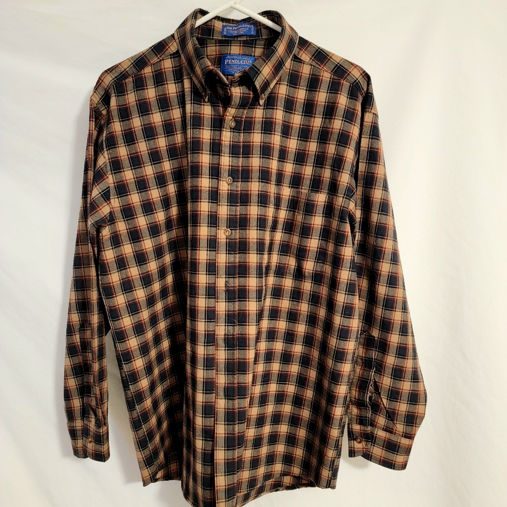Vintage Pendleton Men's Wool Plaid Shirt - Black and Tan Large